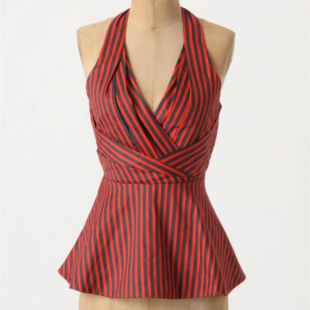 Anthropologie Red and Black Striped Halter Peplum Top